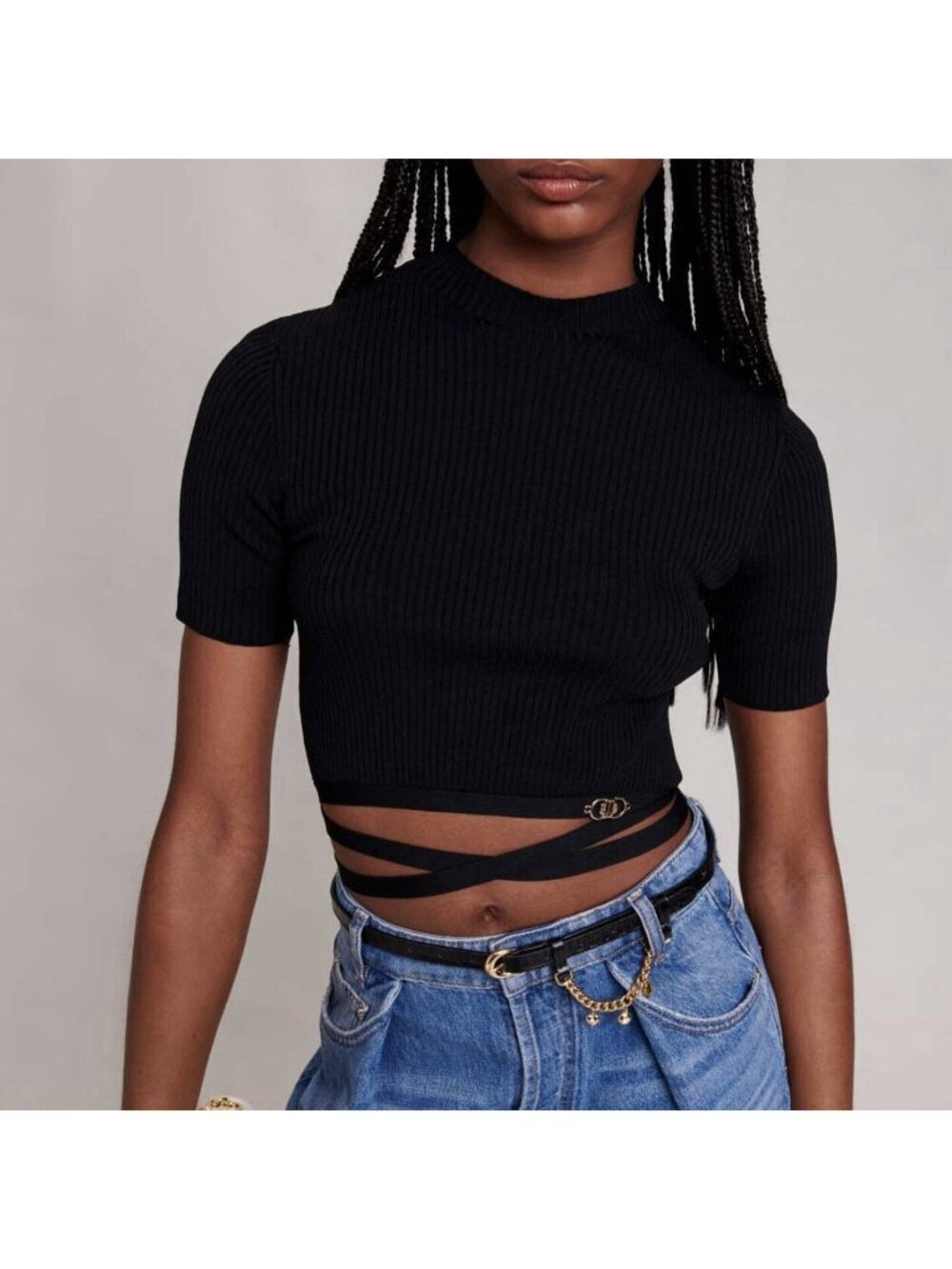 NEW Maje Black Ribbed Criss-Cross Short Sleeve Tie Top Cropped Women’s Sz 2 / M